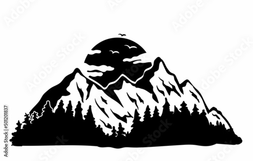 Black and white mountain landscape. Mountains with forest and sun. Vector illustration  