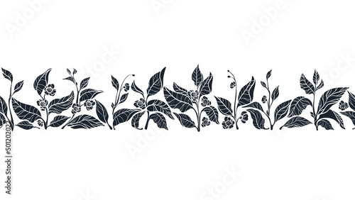 Black tea leaves. Vector border. Graphic pattern