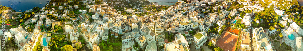 Fototapeta premium Aerial view of Capri homes and cityscape at summer sunset, Campania - Italy