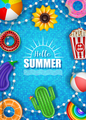 Hello summer poster with colorful inflatables balls, mattresses and rings on pool water background