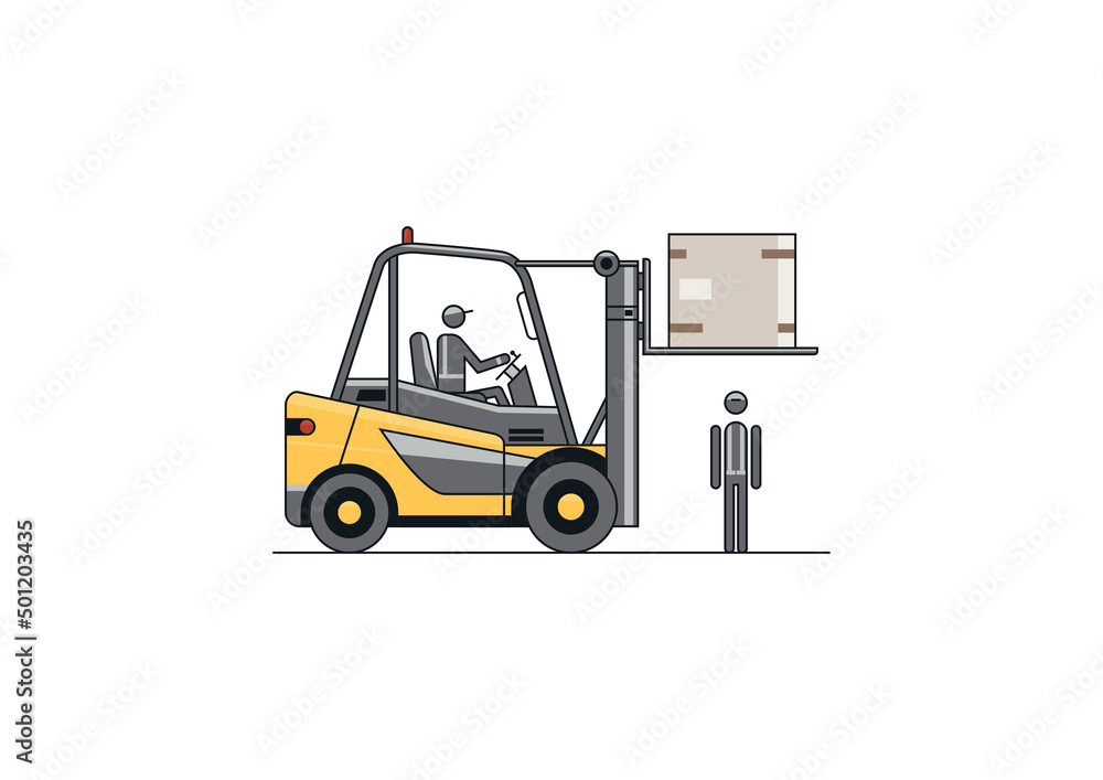 No people under raised forks. Flat line vector design of forklift with the operator. 