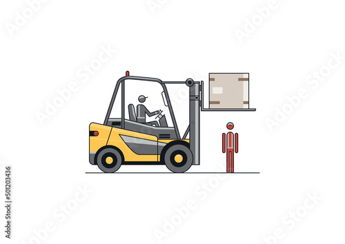 No people under raised forks. Flat line vector design of forklift with the operator. 