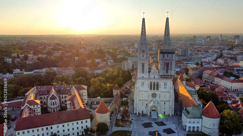 Zagreb, Croatia - September 2, 2021: Panoramic view of the city in east orientation, in which the Zagreb Cathedral can be seen. - obrazy, fototapety, plakaty 