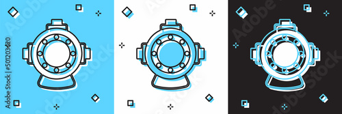 Set Aqualung icon isolated on blue and white, black background. Diving helmet. Diving underwater equipment. Vector
