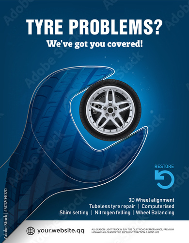 Tyre problems? We've got you covered. 3D Wheel alignment. Tubeless tyre repair. Computerised. Shim setting. Nitrogen felling. Wheel Balancing. Restore wheel car. Replacement programm. Sale. Wrench.