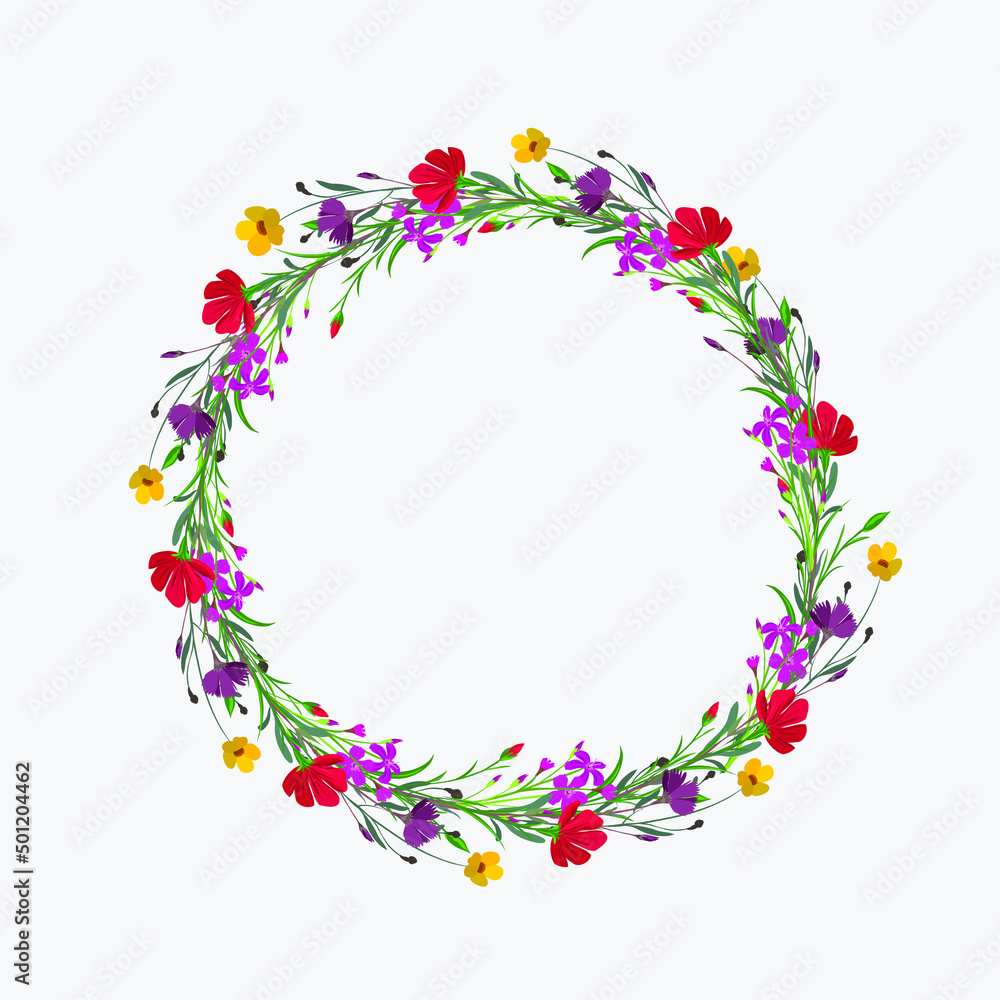 Decorative floral wreath of wildflowers, red, burgundy,crimson and yellow.
