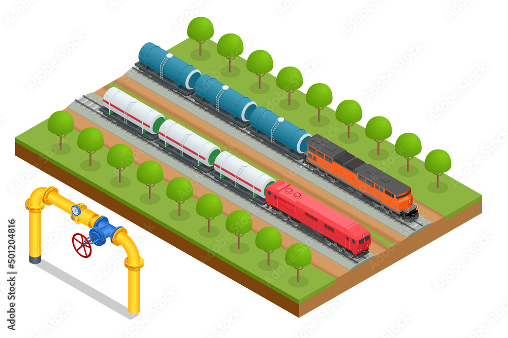 Naklejka premium Isometric transport tank car LNG by rail and gas. Oil gas industry. Transportation tank cars with oil.