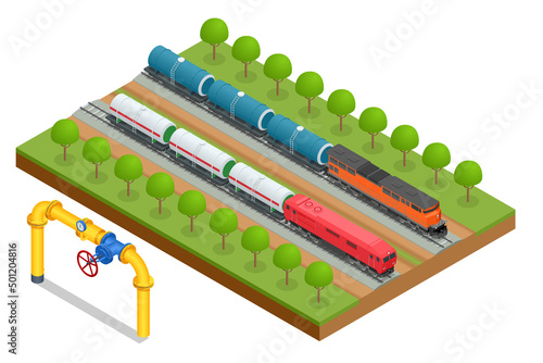 Isometric transport tank car LNG by rail and gas. Oil gas industry. Transportation tank cars with oil.