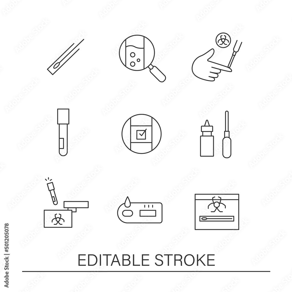 Testing virus line icons set. Coronavirus testing process. Health checking. Medicine concepts. Isolated vector illustrations. Editable stroke Testing virus line icons set. Coronavirus testing process. Health checking. Medicine concepts. Isolated vector illustrations. Editable stroke