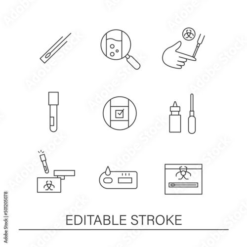 Testing virus line icons set. Coronavirus testing process. Health checking. Medicine concepts. Isolated vector illustrations. Editable stroke