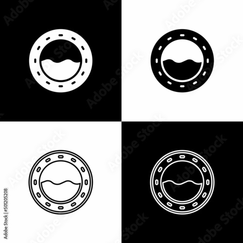 Set Ship porthole with rivets and seascape outside icon isolated on black and white background. Vector