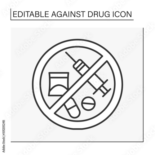 Against drug line icon. Stop marijuana smoking, cigarettes, pills and injections..Narcotic.Bad habits concept. Isolated vector illustration. Editable stroke