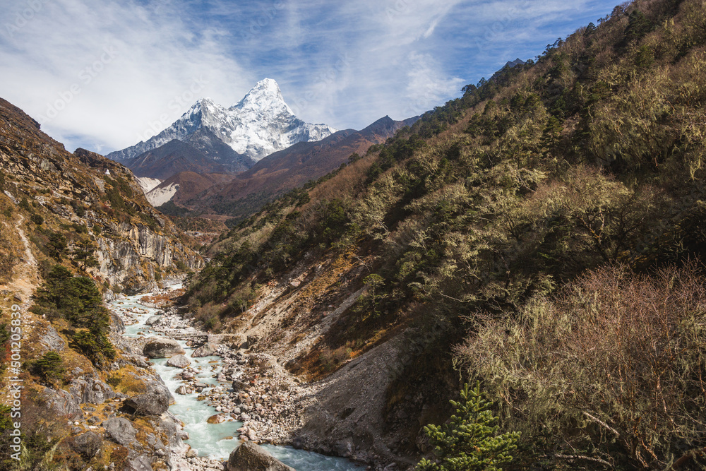Bhote river and Ama Dablam mount. Nepal