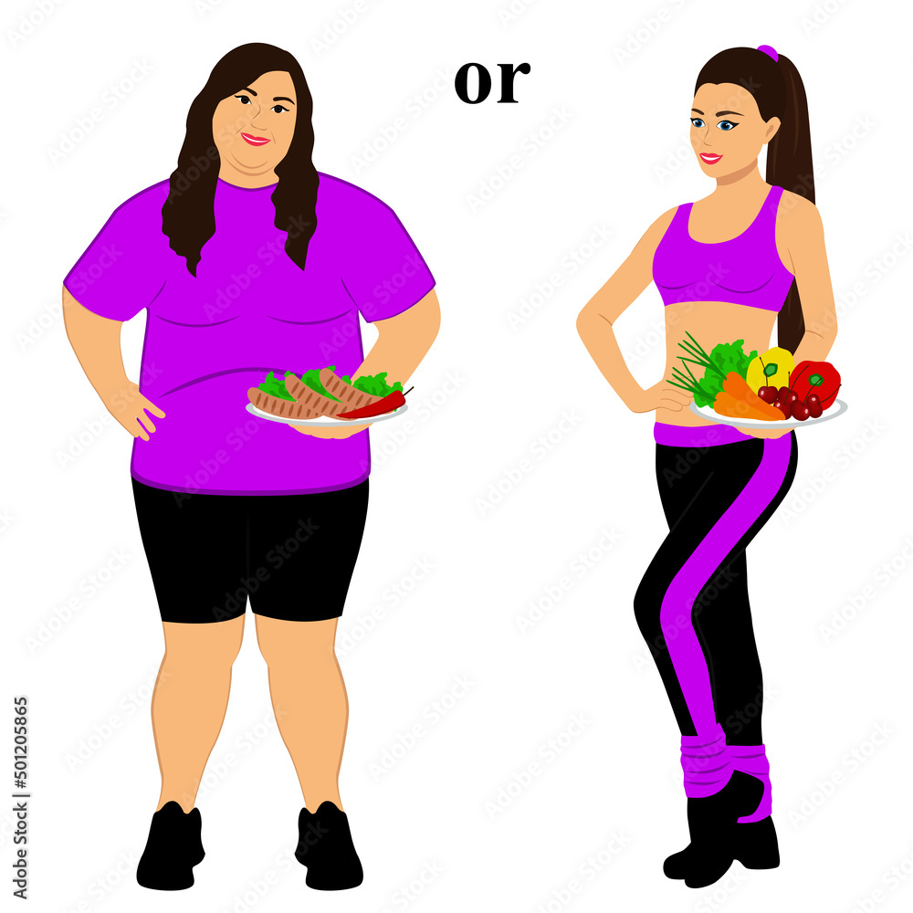 Thin and fat. Proper nutrition. Incorrect food. From fat to thin. Before and after. The choice. Healthy Lifestyle. Isolated objects. Thin and fat. Proper nutrition. Incorrect food. From fat to thin. Before and after. The choice. Healthy Lifestyle. Isolated objects.