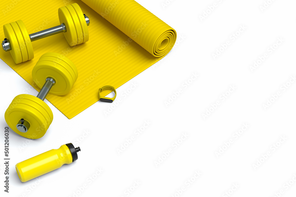 Isometric view of sport equipment like yoga mat, bottle and smart watches Isometric view of sport equipment like yoga mat, bottle and smart watches