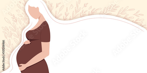 Banner template with beautiful pregnant woman and hand drawn elegant leaves background. Young beautiful pregnant woman, side view silhouette. Pregnancy flat character with long hair