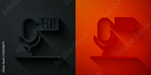 Paper cut Microphone voice device icon isolated on black and red background. Microphone interpreter and alphabet letters. Paper art style. Vector