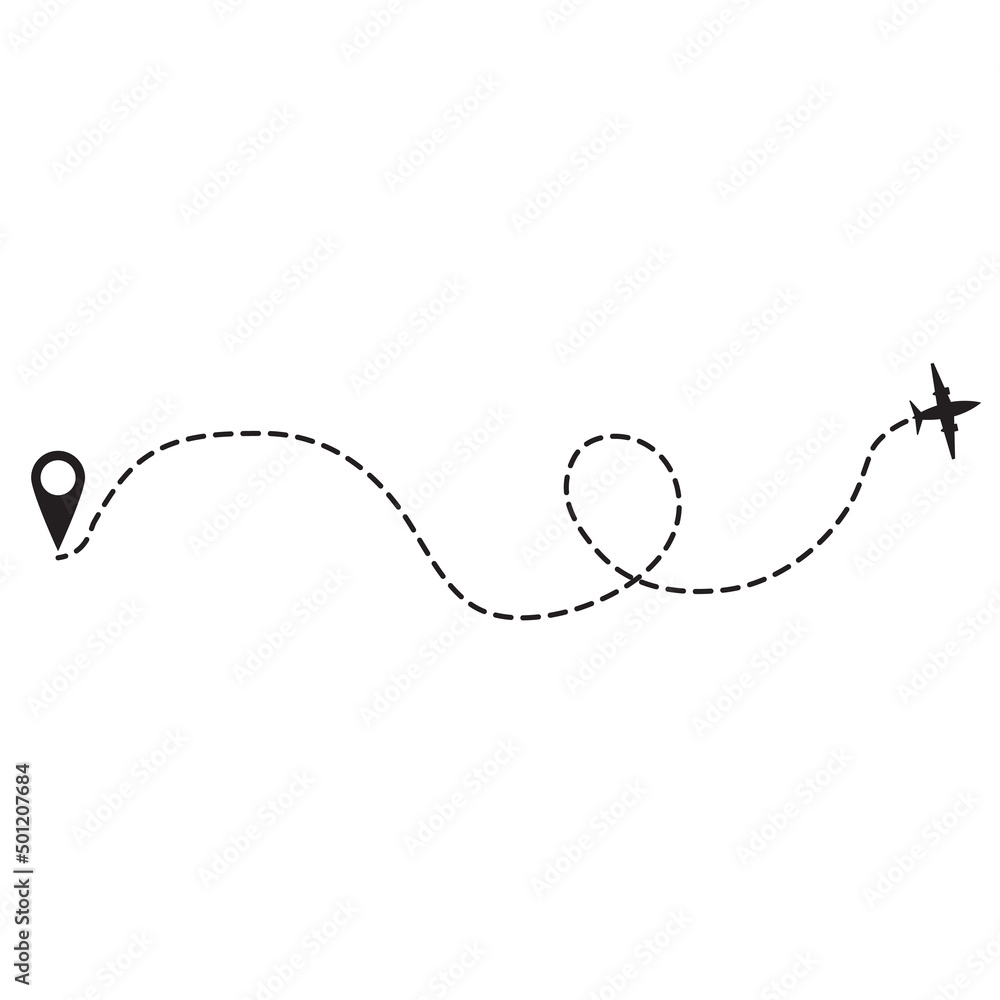 Airplane routes. Travel from start point and dotted line tracing.Passenger aircraft dotted route line the way.Outline vector illustration. Isolated on white background. Airplane routes. Travel from start point and dotted line tracing.Passenger aircraft dotted route line the way.Outline vector illustration. Isolated on white background.