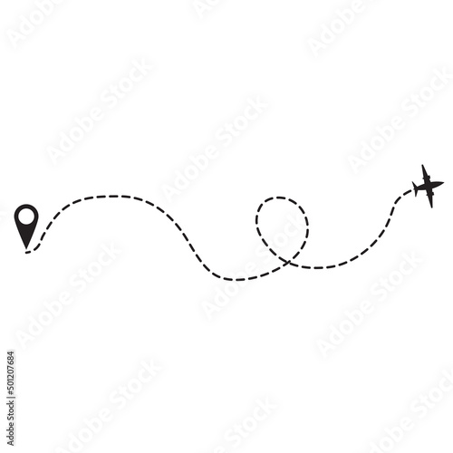 Airplane routes. Travel from start point and dotted line tracing.Passenger aircraft dotted route line the way.Outline vector illustration. Isolated on white background.