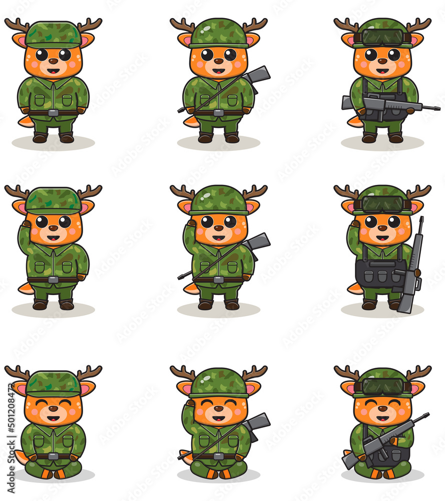 Vector illustrations of cute Deer as Soldier. Cute army set. flat cartoon character design. Vector illustrations of cute Deer as Soldier. Cute army set. flat cartoon character design.
