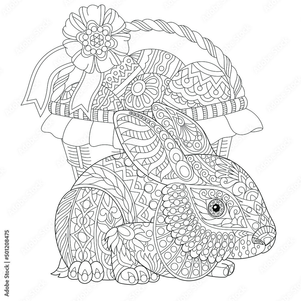 Fototapeta premium Adult coloring book page. Easter bunny and Easter basket with eggs. 