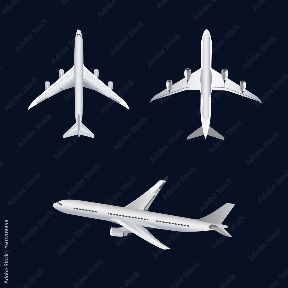 Three planes on a dark blue background, from three angles: top, bottom, side