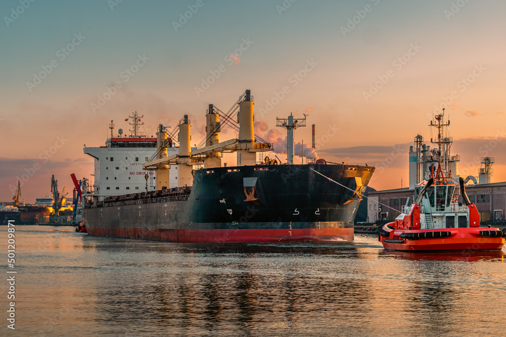 bulk carrier and tug in port 