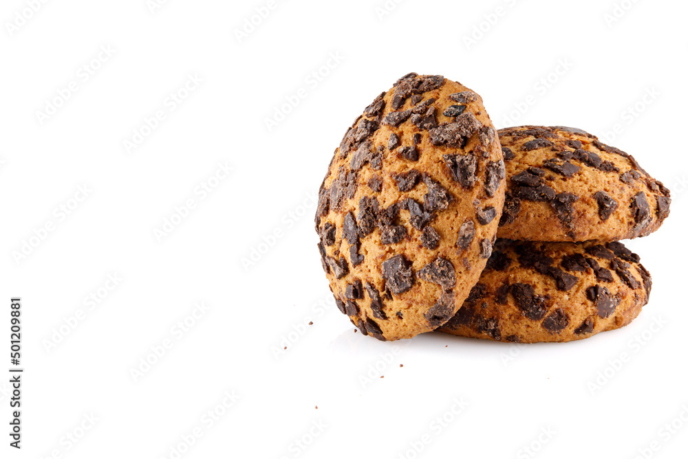 Chocolate chip cookies isolated on white background. Sweet biscuits. Homemade pastry. Chocolate chip cookies isolated on white background. Sweet biscuits. Homemade pastry.