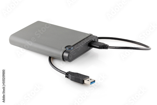 Wallpaper Mural External hard drive disc with usb 3.0 cable, black. Best way of data storage on portable hdd. Close-up side left view isolated on white background. Full depth of field. Torontodigital.ca