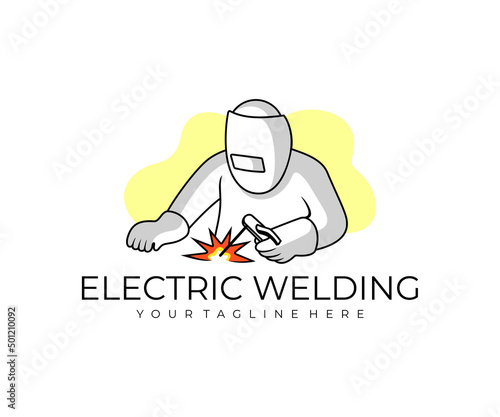 Electric welding, electric welder and welding, logo design. Industrial, steel welding, metallurgical factory, welded mask and tool, vector design and illustration