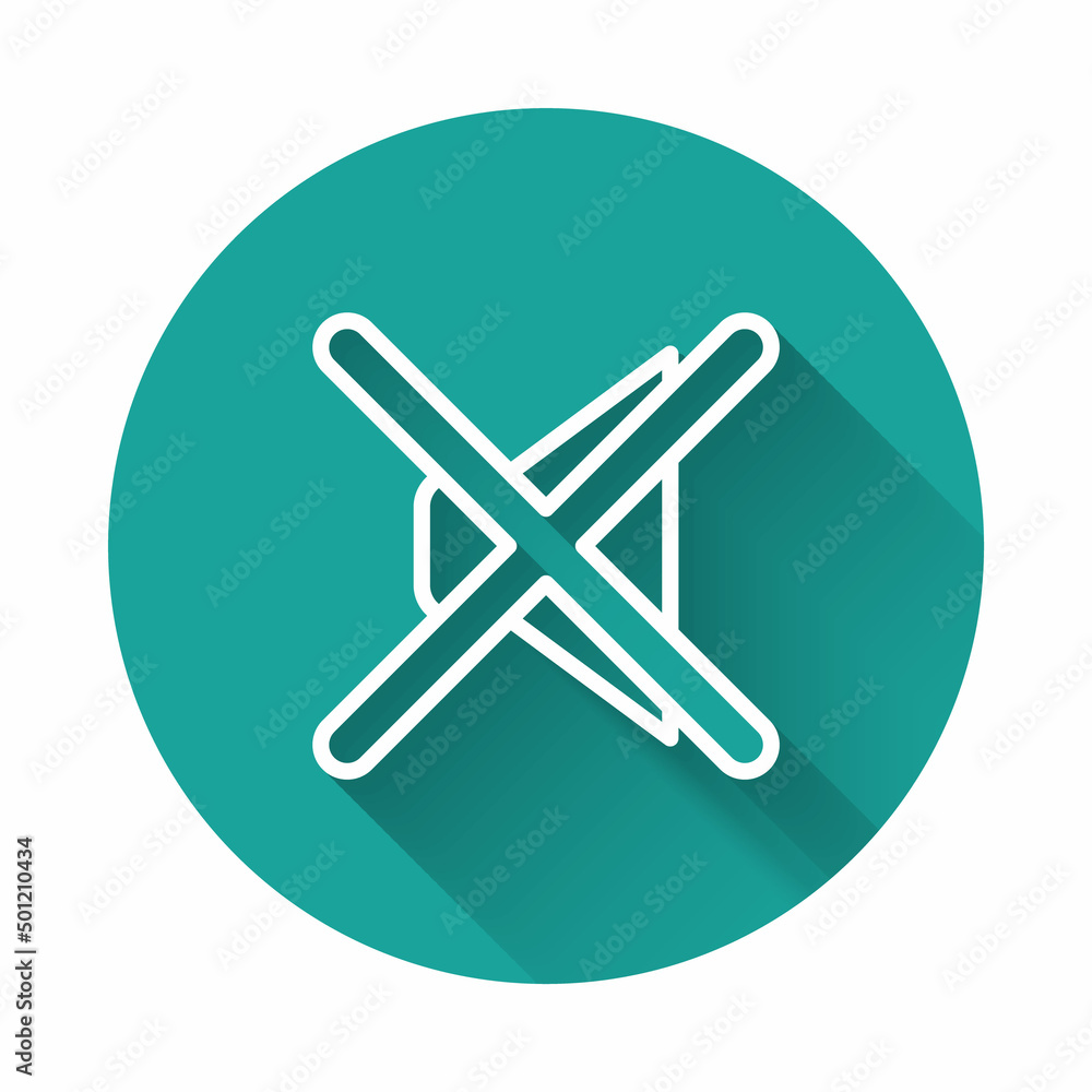 White line Speaker mute icon isolated with long shadow. No sound icon. Volume Off symbol. Green circle button. Vector White line Speaker mute icon isolated with long shadow. No sound icon. Volume Off symbol. Green circle button. Vector