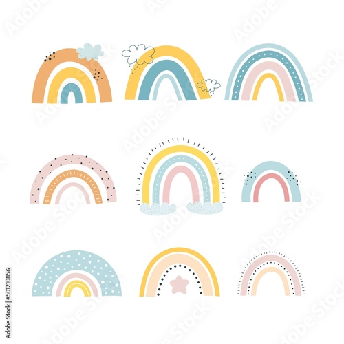 Cute rainbow set. Colorful vector illustration, hand drawing. Isolated on a white background. baby design for print, kids clothes, poster, postcard