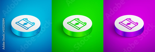 Isometric line Car battery icon isolated on blue,green and purple background. Accumulator battery energy power and electricity accumulator battery. White circle button. Vector