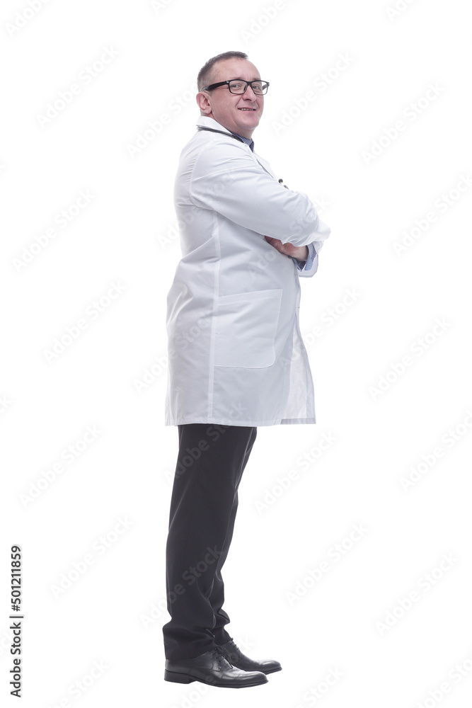 side view. smiling mature doctor looking forward side view. smiling mature doctor looking forward