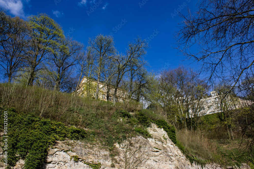 Residential Homes Peek through the Trees Growing from Ancient Rock Walls in a Park at the Municipal Park in Luxembourg City, Luxembourg Residential Homes Peek through the Trees Growing from Ancient Rock Walls in a Park at the Municipal Park in Luxembourg City, Luxembourg