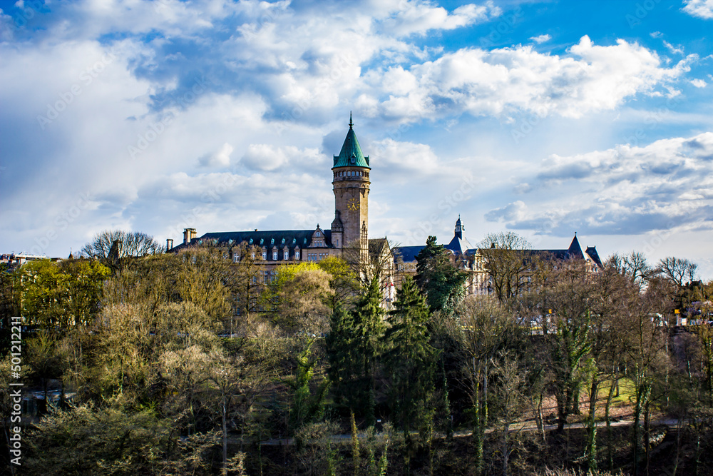 Looking Out across the Municipal Park at the Spuerkeess Bank Clock Tower in Luxembourg City, Luxembourg