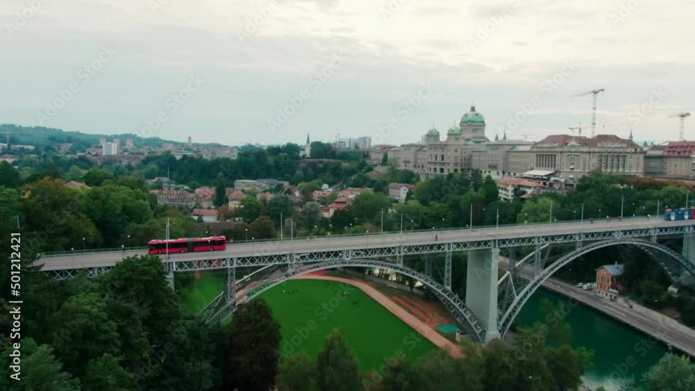 Aerial panorama of historic Bern Old Town with Bridge and Parliament Building. Centre of Capital City of Switzerland as UNESCO World Heritage Site. Travel in Europe. 4K drone zoom in shot Aerial panorama of historic Bern Old Town with Bridge and Parliament Building. Centre of Capital City of Switzerland as UNESCO World Heritage Site. Travel in Europe. 4K drone zoom in shot