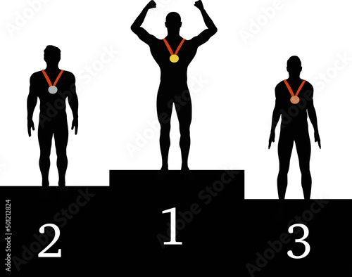 Man winners of the competition with medals on ranking podium vector illustration isolated on white background. Creative flat design of victory cup, succeed man, accomplishment or achievement concept.
