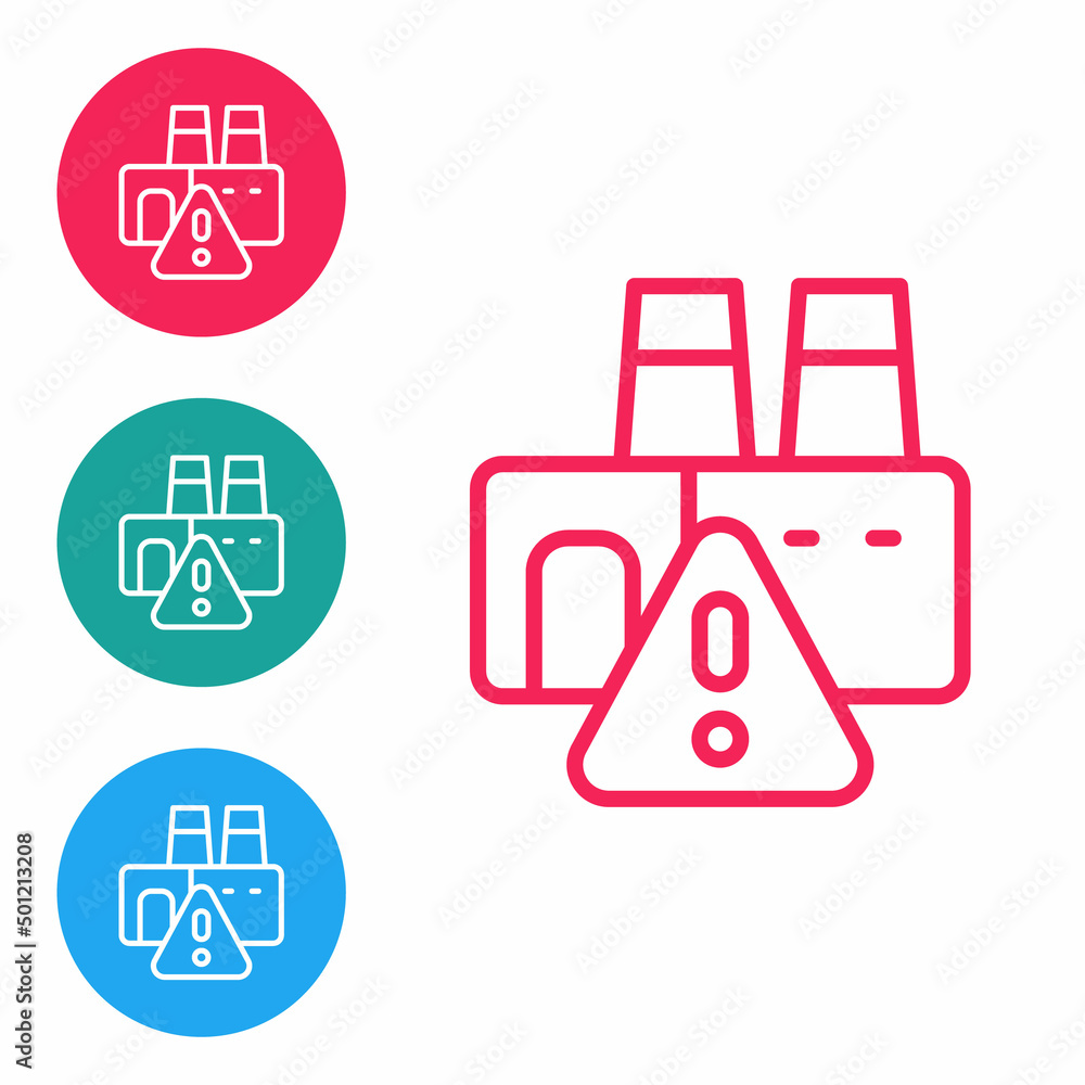Red line Shutdown of factory icon isolated on white background. Industrial building. Set icons in circle buttons. Vector Red line Shutdown of factory icon isolated on white background. Industrial building. Set icons in circle buttons. Vector