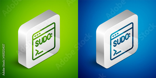 Isometric line Code terminal icon isolated on green and blue background. Browser window with command line. Command panel. Programming coding. Notepad. Silver square button. Vector