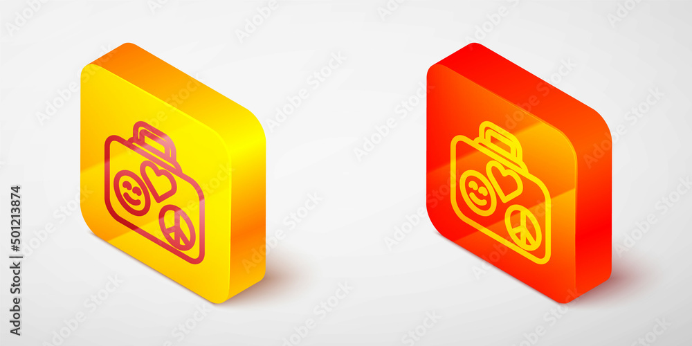 Isometric line Suitcase for travel icon isolated on grey background. Traveling baggage sign. Retro hippie style. Travel luggage icon. Yellow and orange square button. Vector Isometric line Suitcase for travel icon isolated on grey background. Traveling baggage sign. Retro hippie style. Travel luggage icon. Yellow and orange square button. Vector