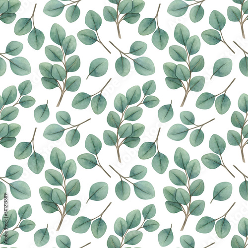 Seamless pattern with watercolor eucalyptus twigs . Delicate floral ornament on a white background. Vintage boho plant. Handpainted natural print sample for Fabric, Packaging, scrapbooking