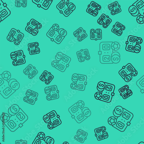 Black line Soccer football betting money icon isolated seamless pattern on green background. Football bet bookmaker. Soccer betting online make money. Vector