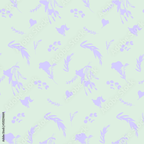 Botanical summer pattern with purple silhouettes of eustoma flowers on a green background. Seamless pattern for girls and women summer dresses textile and surface design