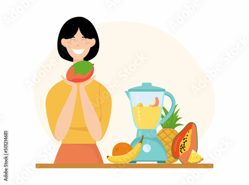 Woman is making a smoothie or cocktail from different fruits in a blender and holding a mango in her hand. Vector