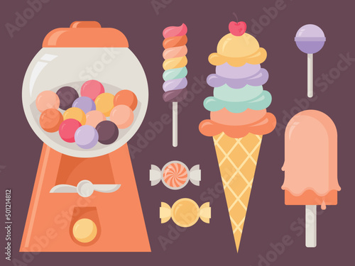 Modern gumball machine, ice cream, popsicle, and candy vector illustration