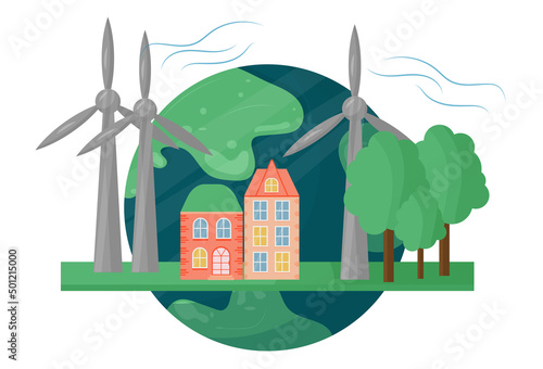 Environmental social corporate governance. ESG concept in the field of environmental protection. Model of the earth, windmill, solar battery. Vector illustration of sustainable development of ecology.