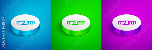 Isometric line Protein sport bar icon isolated on blue, green and purple background. Energy snack icon. Organic sweets. White circle button. Vector