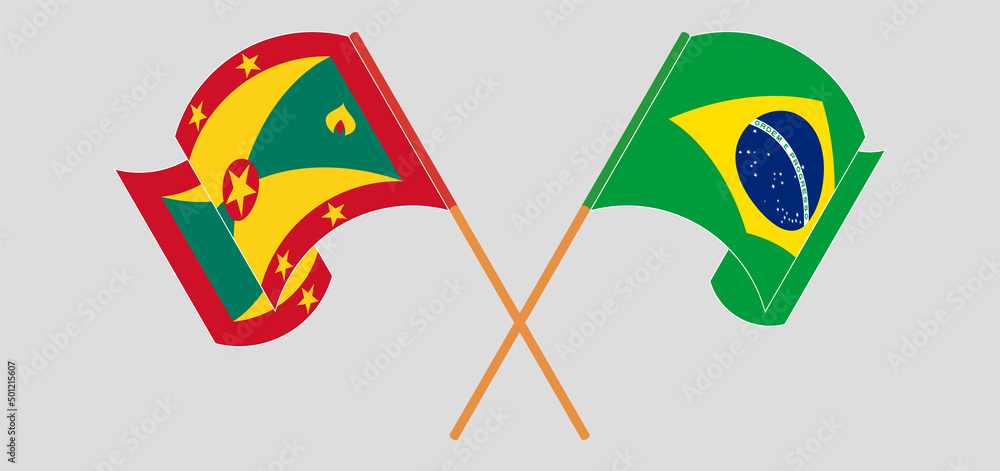 Crossed and waving flags of Grenada and Brazil Crossed and waving flags of Grenada and Brazil