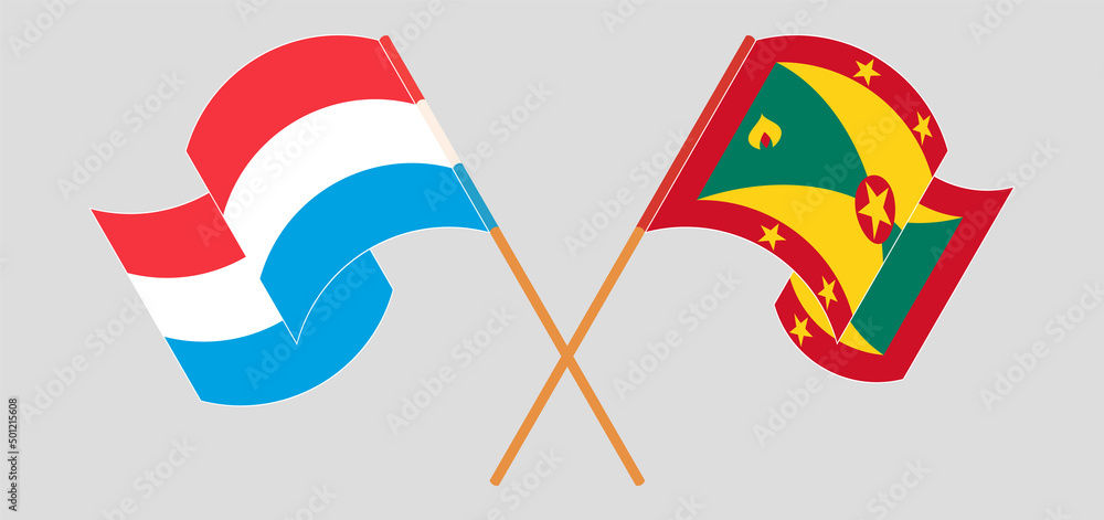 Crossed and waving flags of Luxembourg and Grenada Crossed and waving flags of Luxembourg and Grenada